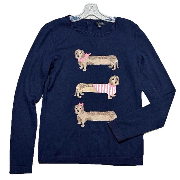 Talbots Dachshunds Sweater Womens Size Small Navy Long Sleeve Lightweight - Picture 1 of 7